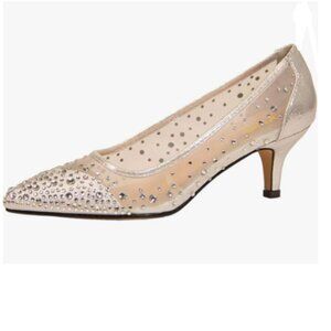 XYD Champagne Pointed Toe Slip On Graceful Mesh Pump Rhinestone Kitten Heel Shoe